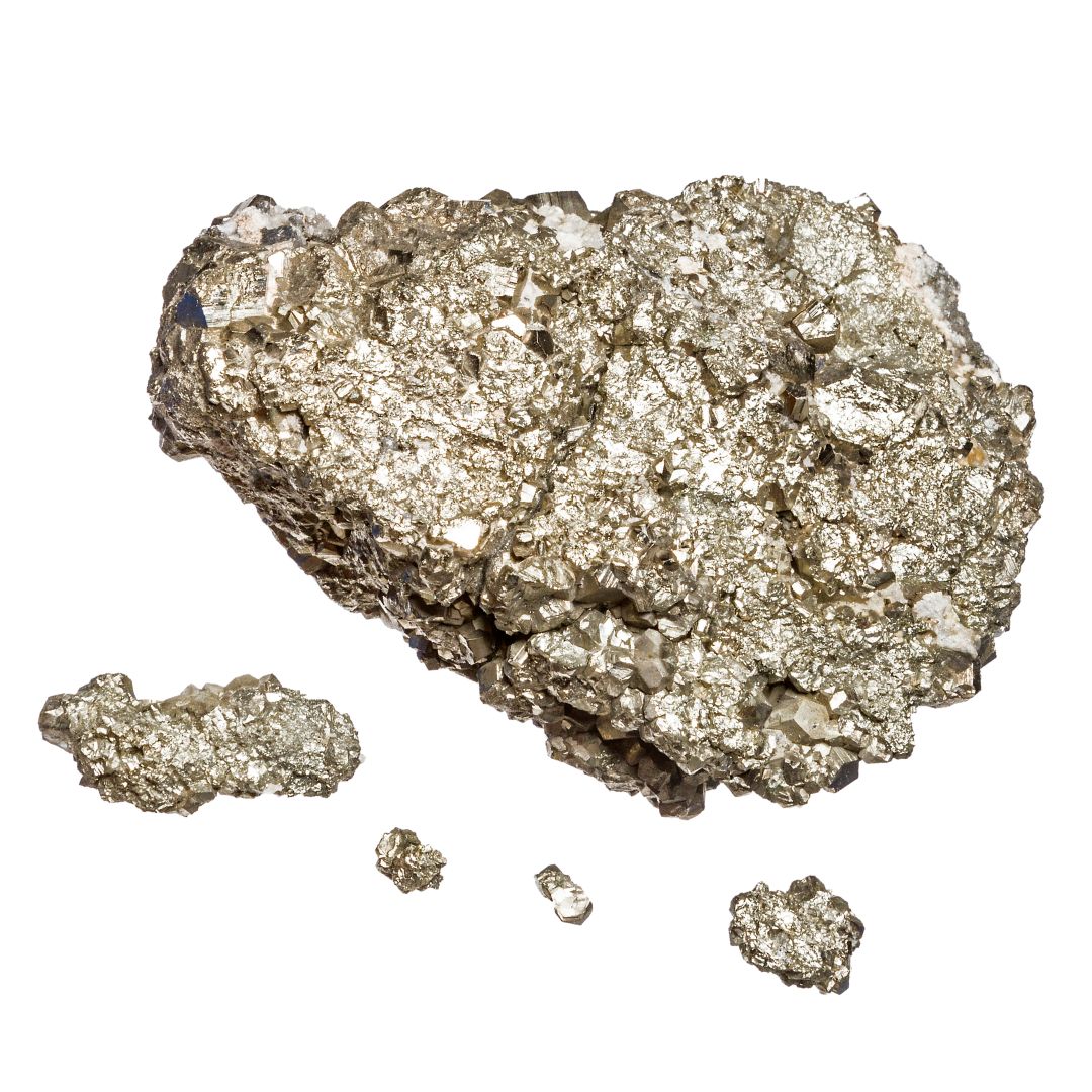 vivi & vela black tourmaline inspiration - shimmering raw pyrite nuggets in metallic tones