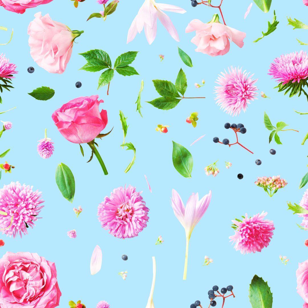 vivi & vela bloom inspiration - blue background with scattered pink and white flowers