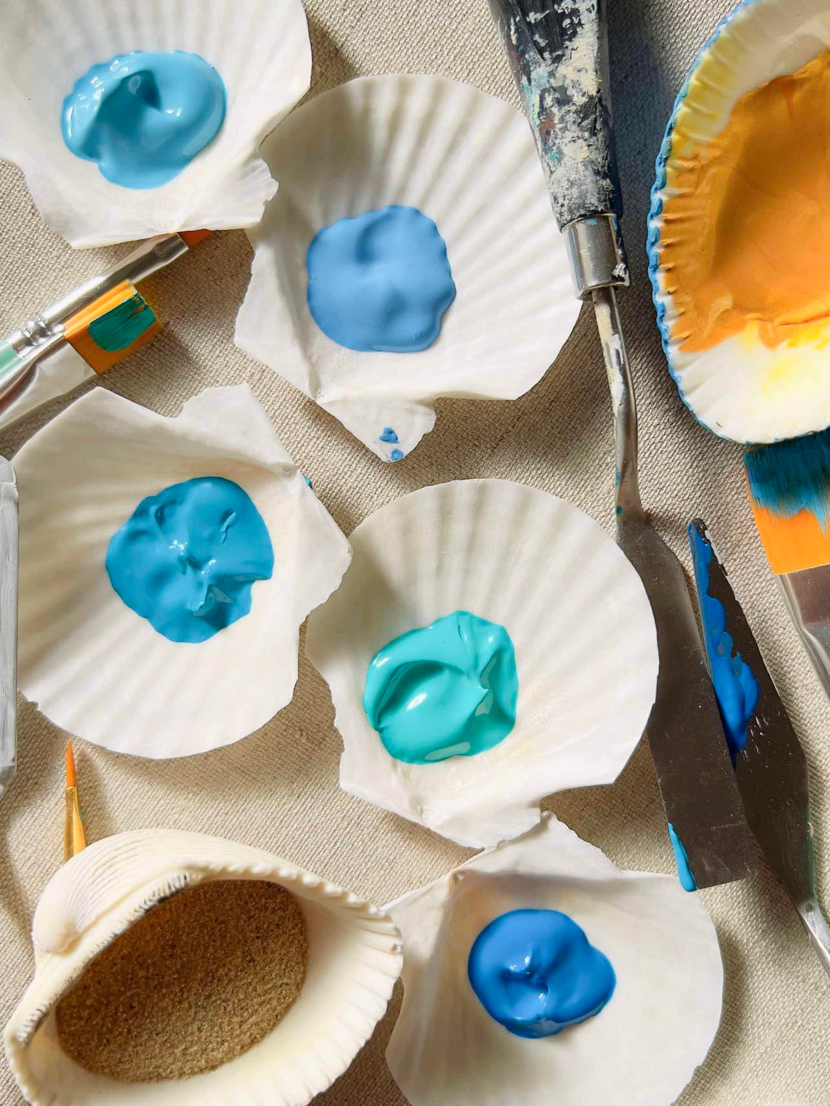 vivi & vela commissions - paint palettes with blue and white hues on seashells showcasing artistic process and materials