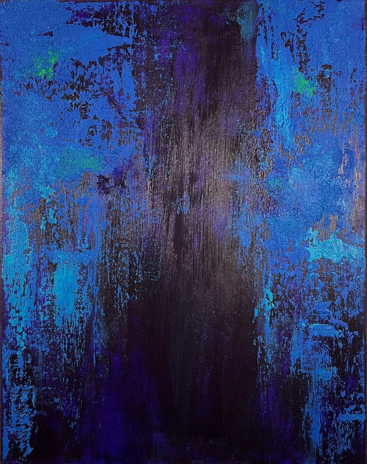 vivi & vela artwork 'midnight | moods': abstract painting featuring cobalt, cerulean, neon blues, and splashes of green against a textured deep purple background.