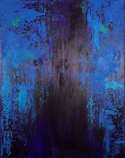 vivi & vela artwork 'midnight | moods': abstract painting featuring cobalt, cerulean, neon blues, and splashes of green against a textured deep purple background.