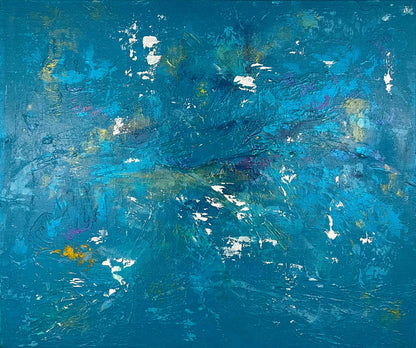 vivi & vela artwork 'summit': abstract painting featuring dominant teal and blue tones with iridescent accents inspired by high altitudes and snow-covered peaks.