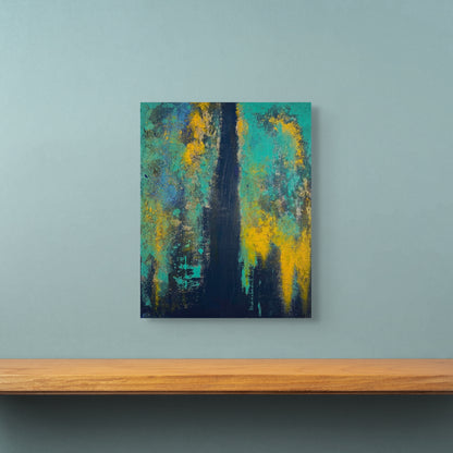vivi & vela artwork display for 'surf | moods': abstract artwork styled in a modern interior, showcasing vibrant sea-inspired hues and layered textures.