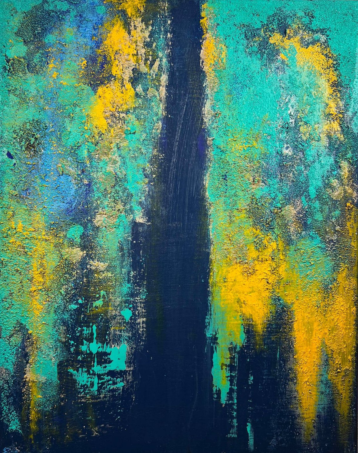 vivi & vela artwork 'surf | moods': abstract painting featuring cool teal, turquoise, and splashes of yellow with textured strokes inspired by ocean waves.