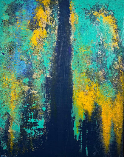 vivi & vela artwork 'surf | moods': abstract painting featuring cool teal, turquoise, and splashes of yellow with textured strokes inspired by ocean waves.