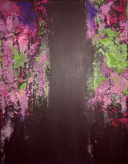 vivi & vela close-up of 'wisteria | moods': detailed view of layered pink, green, and purple textures against a dusky burgundy backdrop.